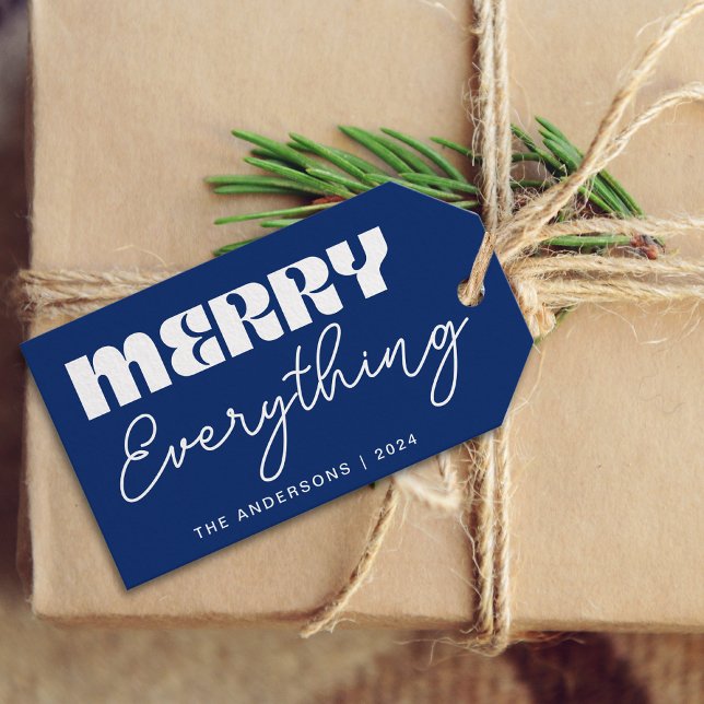 Cute Minimalist Retro Merry All-skript Blue Presentetikett (Skapare uppladdad)