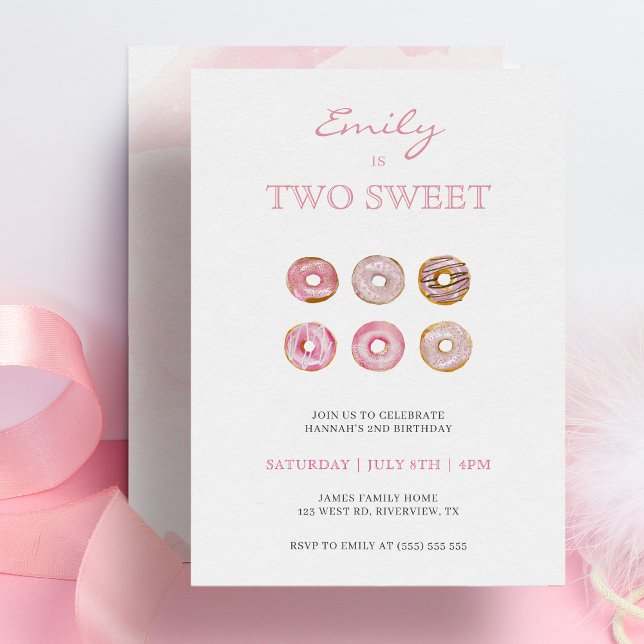 Cute Minimalist Rosa Donuts 2:a födelsedagen Inbjudningar (Skapare uppladdad)