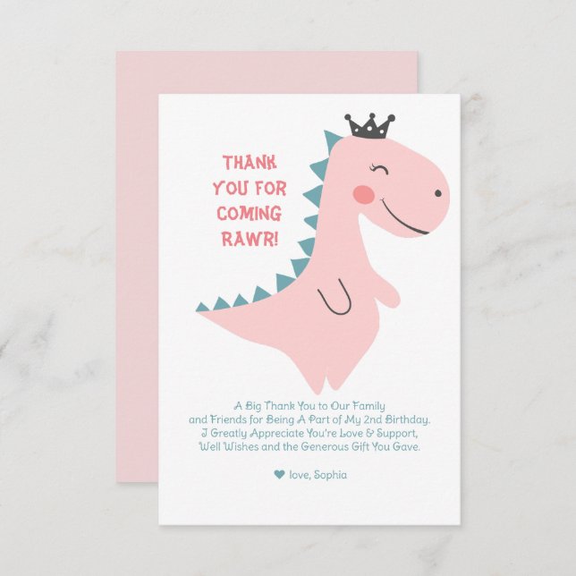 Cute Minimalist Rosa Girl Dinosaur Birthday Tack Kort (Fram/baksida)