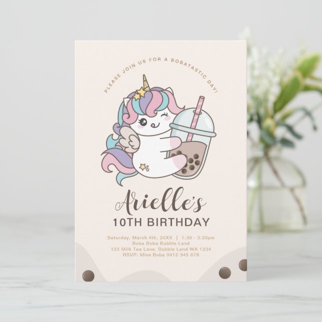Cute Minimalist Unicorn Boba Bubble Mjölk Tea Invi Inbjudningar (Stående Fram)