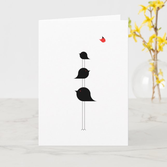 Cute Minimalistic Birds Black Red Teckning Kort (Gul blomma)