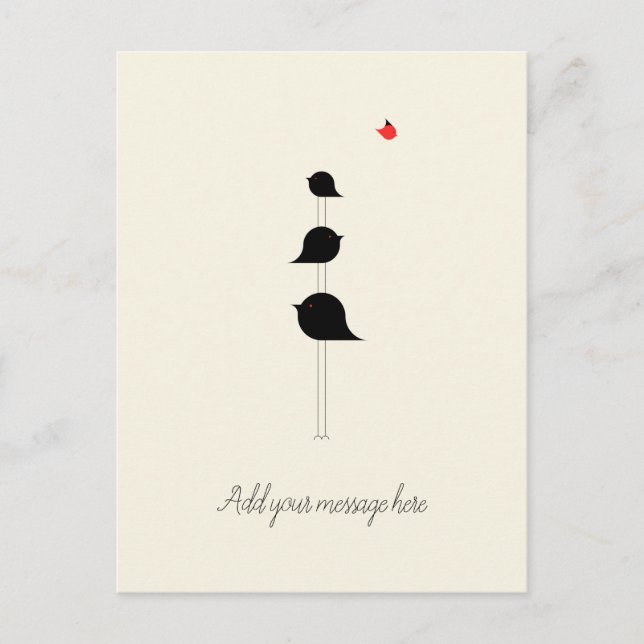 Cute Minimalistic Birds Black Red Teckning Vykort (Framsida)