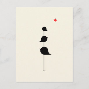 Cute Minimalistic Birds Black Red Teckning Vykort