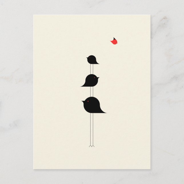 Cute Minimalistic Birds Black Red Teckning Vykort (Framsida)