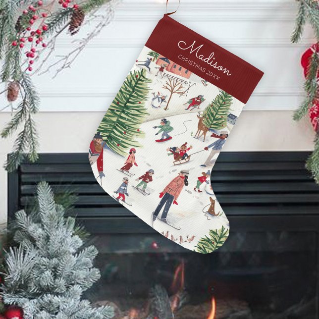 Cute Minimalistic Nordic Winter Village jul Stor Julstrumpa (Cute Minimalistic Nordic Winter Village Christmas Large Christmas Stocking)