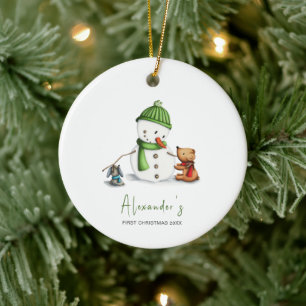 Cute Minimum Baby Första jul Snögubbe Julgransprydnad Keramik