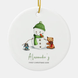 Cute Minimum Baby Första jul Snögubbe Julgransprydnad Keramik
