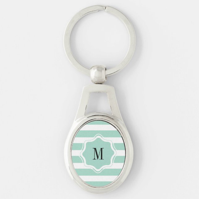 Cute Mint Blue rand mönster Ovalt Silverfärgad Nyckelring (Framsidan)