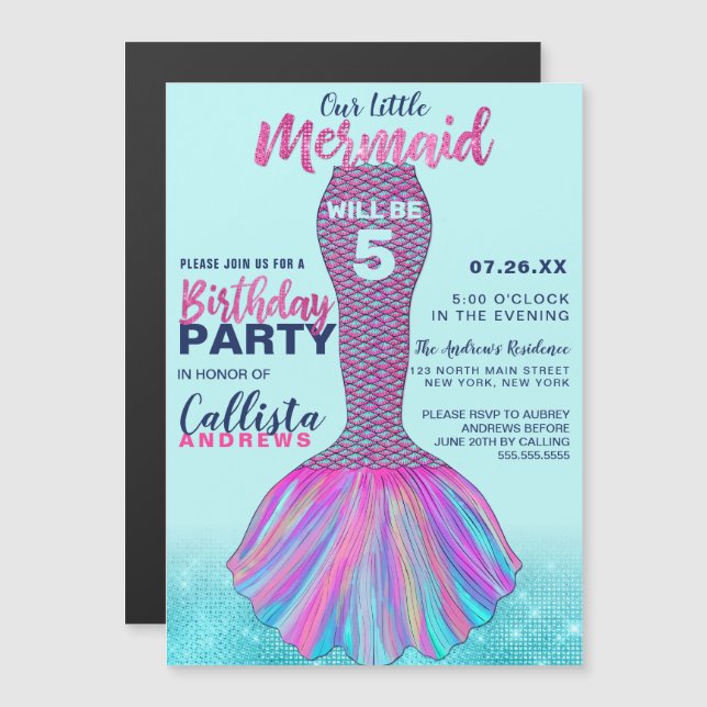Cute Mint Blue Rosa Sjöjungfru Svan Glitter Magnetisk Inbjudningskort (Fram/baksida)