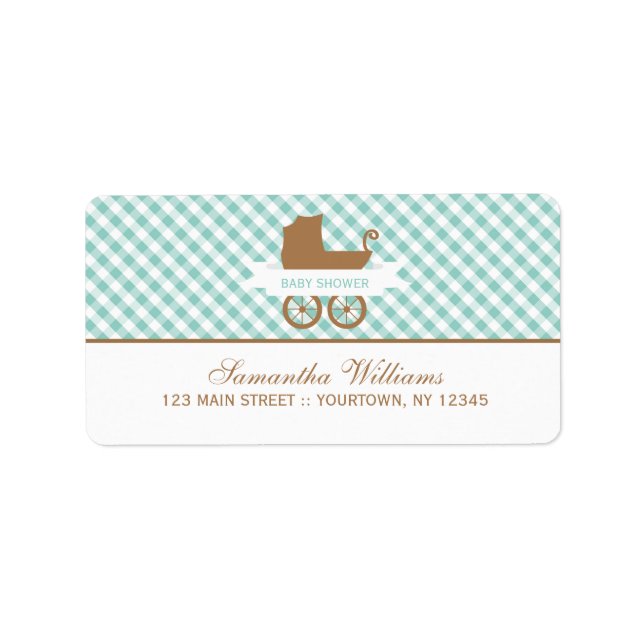 Cute Mint Gingham Mönster och Baby Carriage Adressetikett (Framsidan)