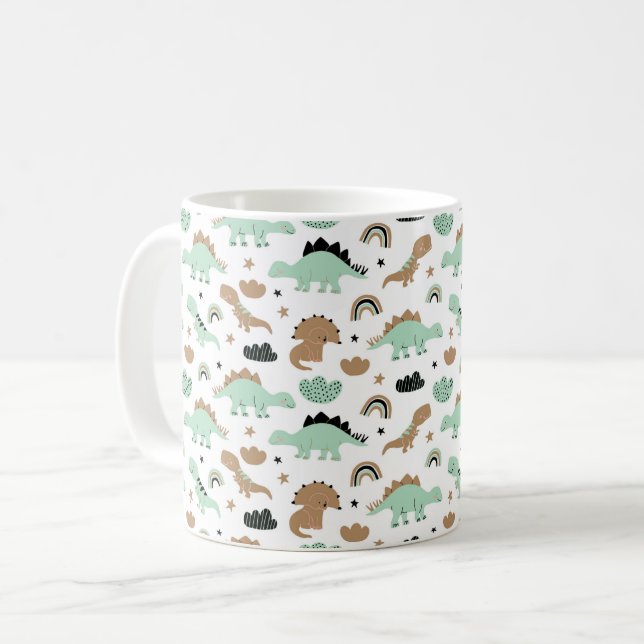 Cute Mint Grönt Dinosaur Mönster Kaffemugg (Framsida vänster)