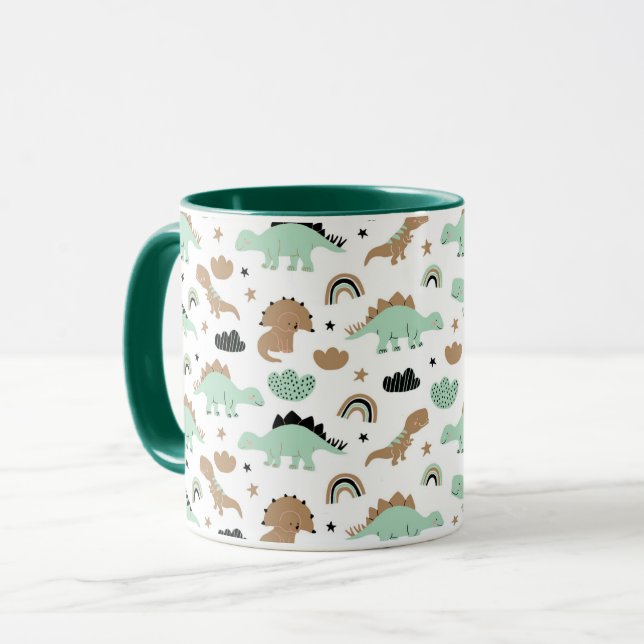 Cute Mint Grönt Dinosaur Mönster Mugg (Framsida vänster)