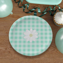 Cute Mint Grönt Gingham Check Daisy Papprare Tallr