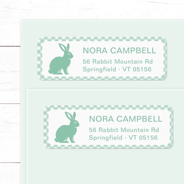 Cute Mint Grönt Rabbit Gingham Returadress Returadress Etikett (Modern, cute mint green bunny return address label with classic gingham checks background.)