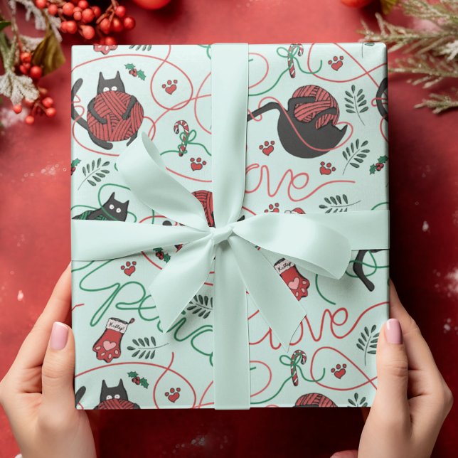 Cute Mint-julfreden och Kärlek-garnet Kattunge Presentpapper (Cute light mint Christmas wrapping paper for Kitty Lovers. Kittens spell out PEACE and LOVE.)