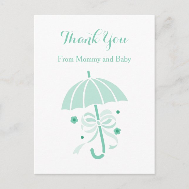 Cute Mint Parbrella och Bow Baby Shower Tack Meddelande Vykort (Framsida)