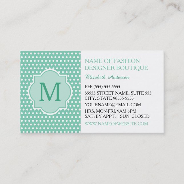 Cute Mint Polka dots med Girly Monogram Boutique Visitkort (Framsida)