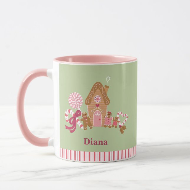 Cute Mint Rosa Candy cane Gingerbröd House Mugg (Vänster)