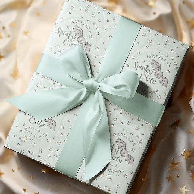 Cute Mint Spooky Cute oktober Baby Shower Presentpapper (Spooky Cute Fall Baby Shower Custom Wrapping Paper. Hand-Drawn Baby Bat, Moons & Stars in Soft Mint)