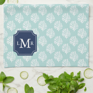 Cute Mint Summer Mönster och Blue Monogram Kökshandduk