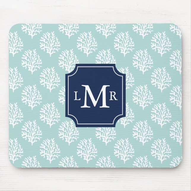 Cute Mint Summer Mönster och Blue Monogram Musmatta (Framsidan)