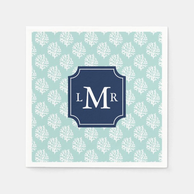 Cute Mint Summer Mönster och Blue Monogram Pappersservett (Framsidan)