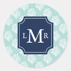 Cute Mint Summer Mönster och Blue Monogram Runt Klistermärke