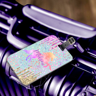 Cute Mint Unicorn Animal print glitter monogram Bagagebricka