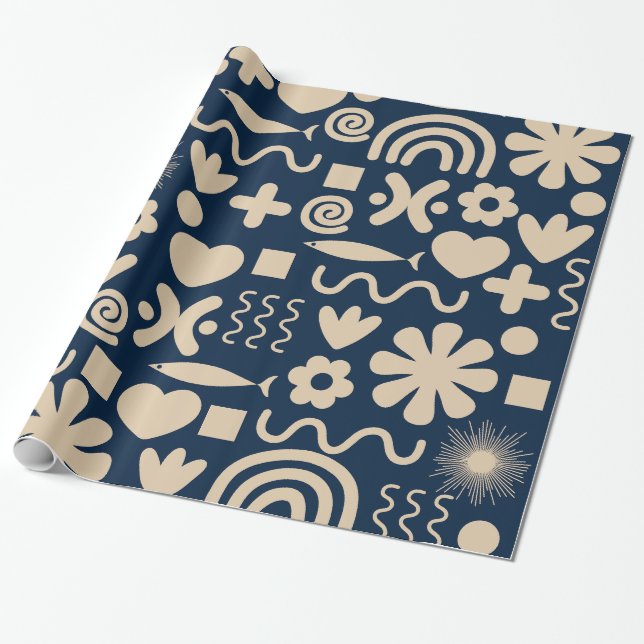 Cute Miscellany Mörk blått Scandi Mönster Presentpapper (Utrullad)