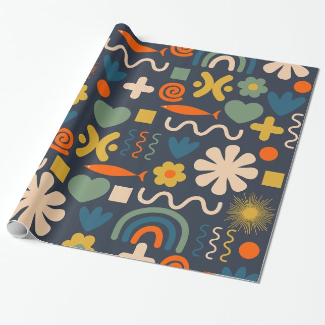 Cute Miscellany Scandinavian Mönster Blue Orange Presentpapper (Utrullad)