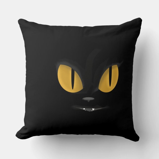 Cute Mischievous Black Cat med Fangs Kudde (Framsida)