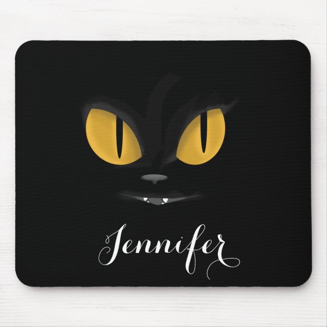 Cute Mischievous Black Cat med Fangs-Personlig Musmatta (Framsidan)
