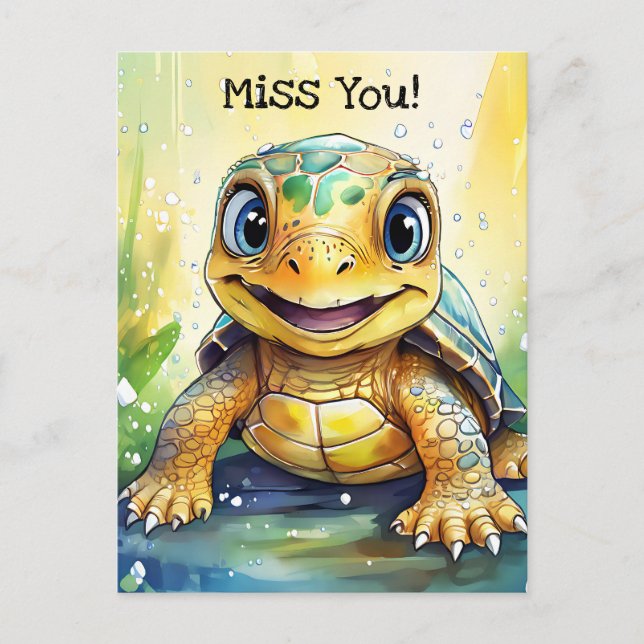 Cute "Miss You" Turtle Thmet Vykort (Framsida)