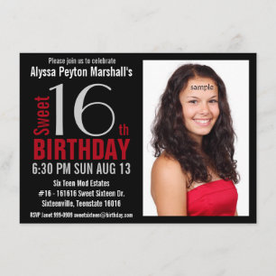 Cute Mod Red and Black Photo Sweet 16:e Party Inbjudningar