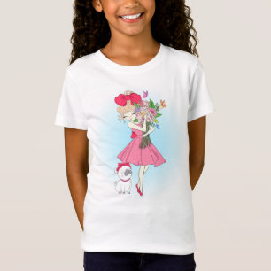 Cute Mode Girl with Pug and Flowers T Shirt