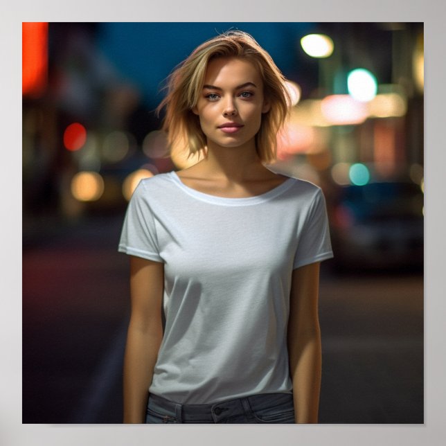 Cute-modell i en Gildan-skjorta som skjuter på gat Poster (Framsidan)