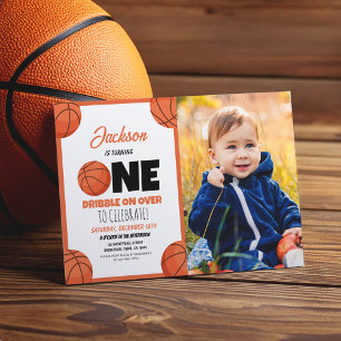 Cute Modern Basketball Sports Foto 1:a födelsedag Inbjudningar