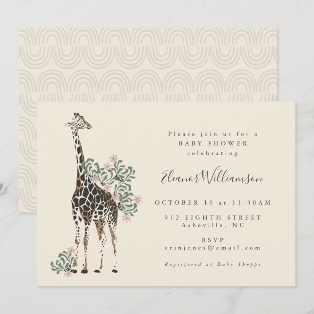 Cute Modern Blommigt Giraffe Simple Baby Shower Inbjudningar (Fram/baksida)