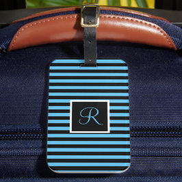 Cute Modern Blue and Black Stripe Brev Bagagebricka