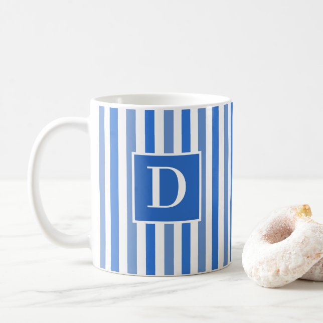 Cute Modern Blue and White Stripe Single Initial Kaffemugg (Med munk)