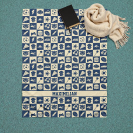 Cute Modern Blue Checkered Icons Mönster Boy's Fleecefilt