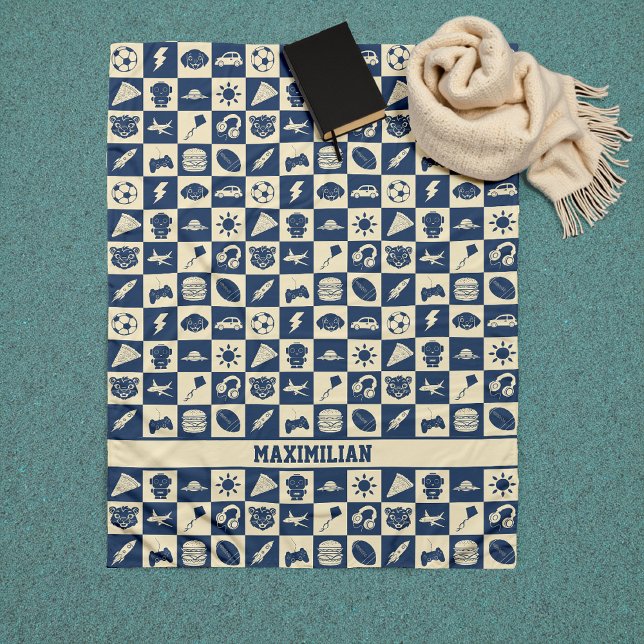 Cute Modern Blue Checkered Icons Mönster Boy's Fleecefilt (Skapare uppladdad)