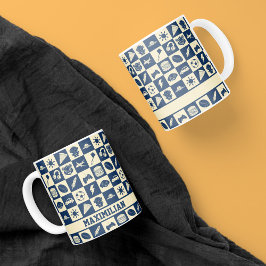 Cute Modern Blue Checkered Icons Mönster Boy's Kaffemugg