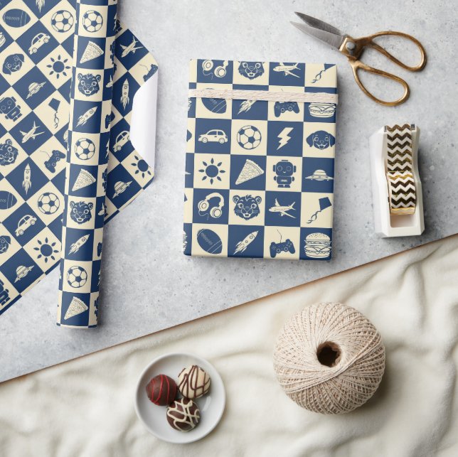 Cute Modern Blue Checkered Icons Mönster Boy's Presentpapper (Hantverk)