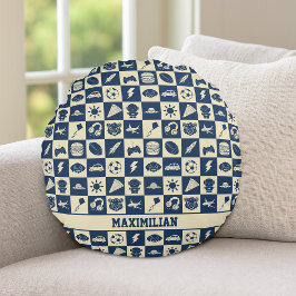 Cute Modern Blue Checkered Icons Mönster Boy's Rund Kudde