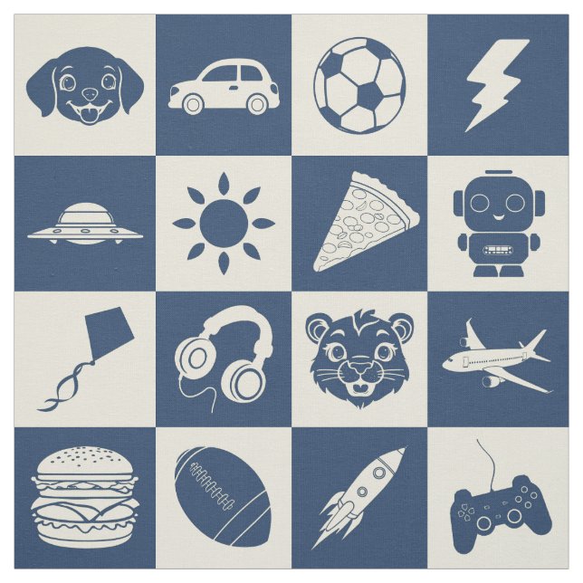 Cute Modern Blue Checkered Icons Seamless Mönster Tyg (Provkarta)