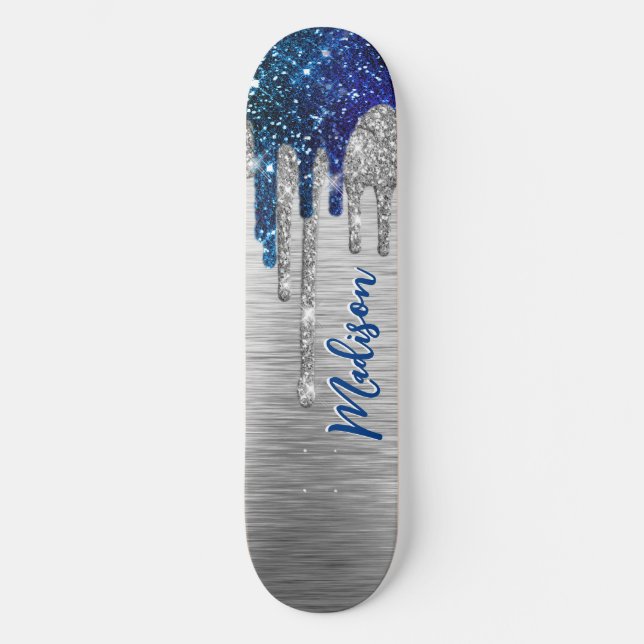 Cute modern Blue Glitter Drives monogram Mini Skateboard Bräda 18,5 Cm (Framsida)