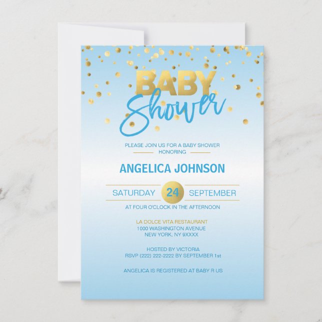 Cute Modern Blue Guld Confetti BOY Baby Shower Inbjudningar (Framsida)