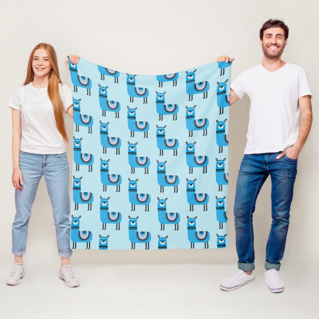 Cute Modern Blue Llama Mönster Fleecefilt (På plats)