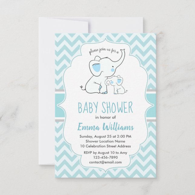 Cute Modern Blue White Elephant Boy Shower Inbjudningar (Framsida)